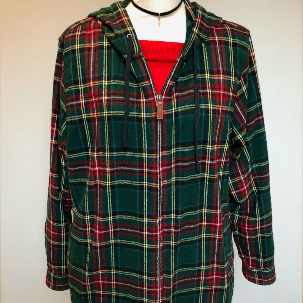 L.L.Bean Scottish Tartan Plaid Flannel Hoodie Zip Up Jacket Size XL